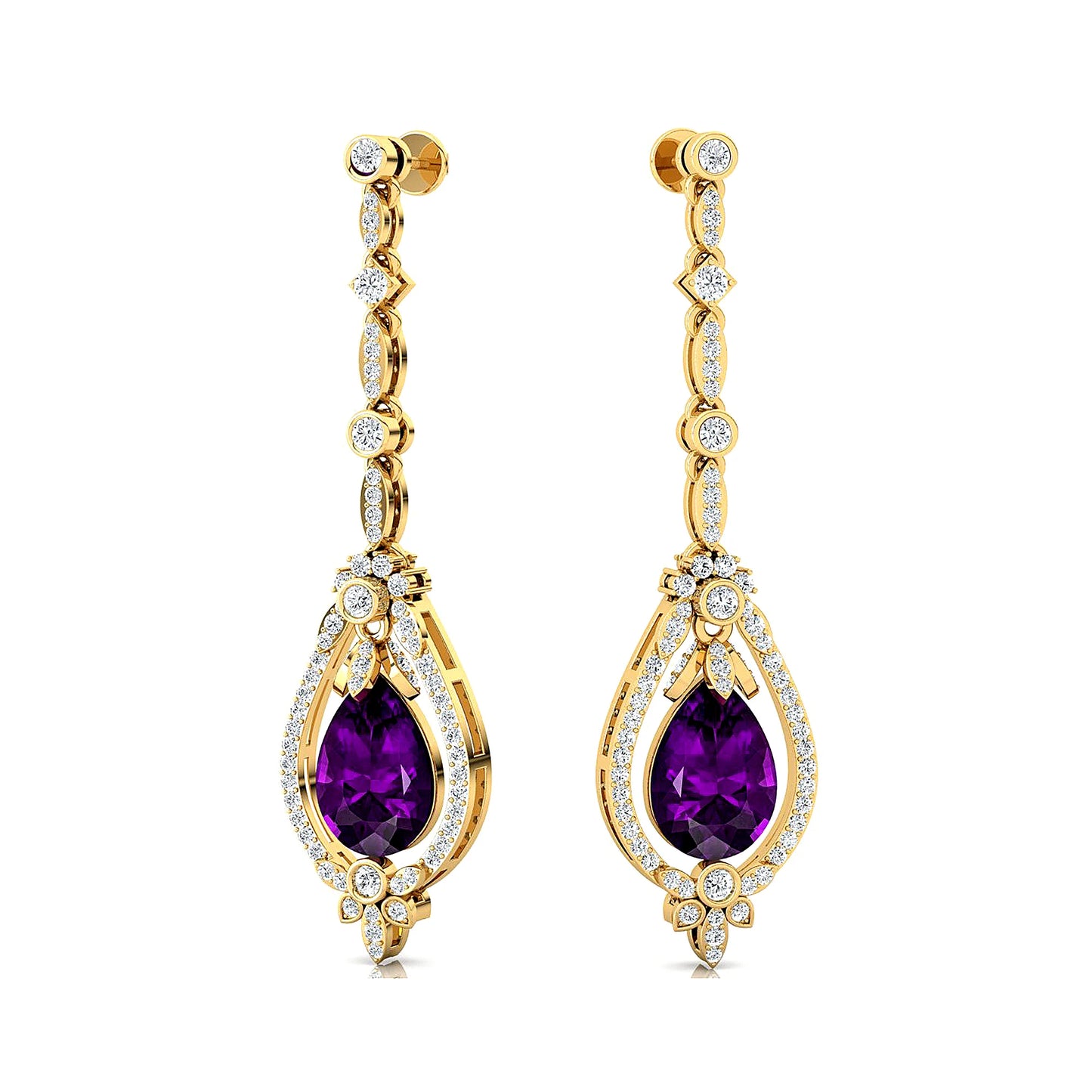 Trendy 18K Solid Gold Earrings Women's Beautiful Teardrop Accented Drop Earrings Natural Amethyst and Diamonds Halo Earrings