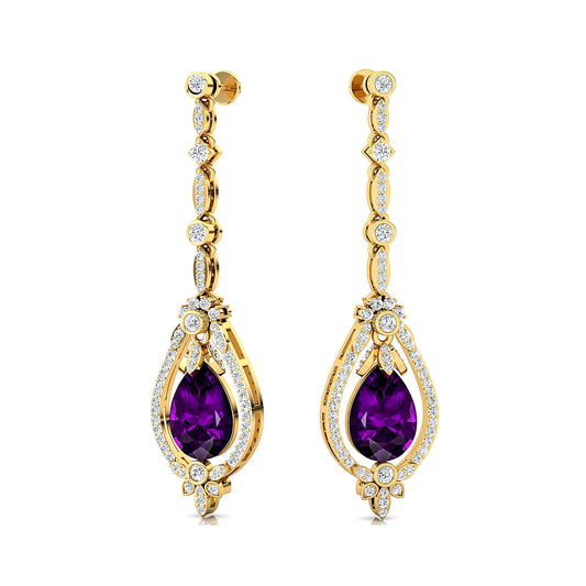 Trendy 18K Solid Gold Earrings Women's Beautiful Teardrop Accented Drop Earrings Natural Amethyst and Diamonds Halo Earrings