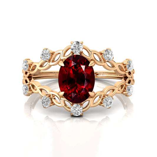 Red Garnet Oval Cut January Birthstone Luxurious Dainty Wedding Rings 14k Solid Gold Adorned Natural Diamond Classic Bulk OEM