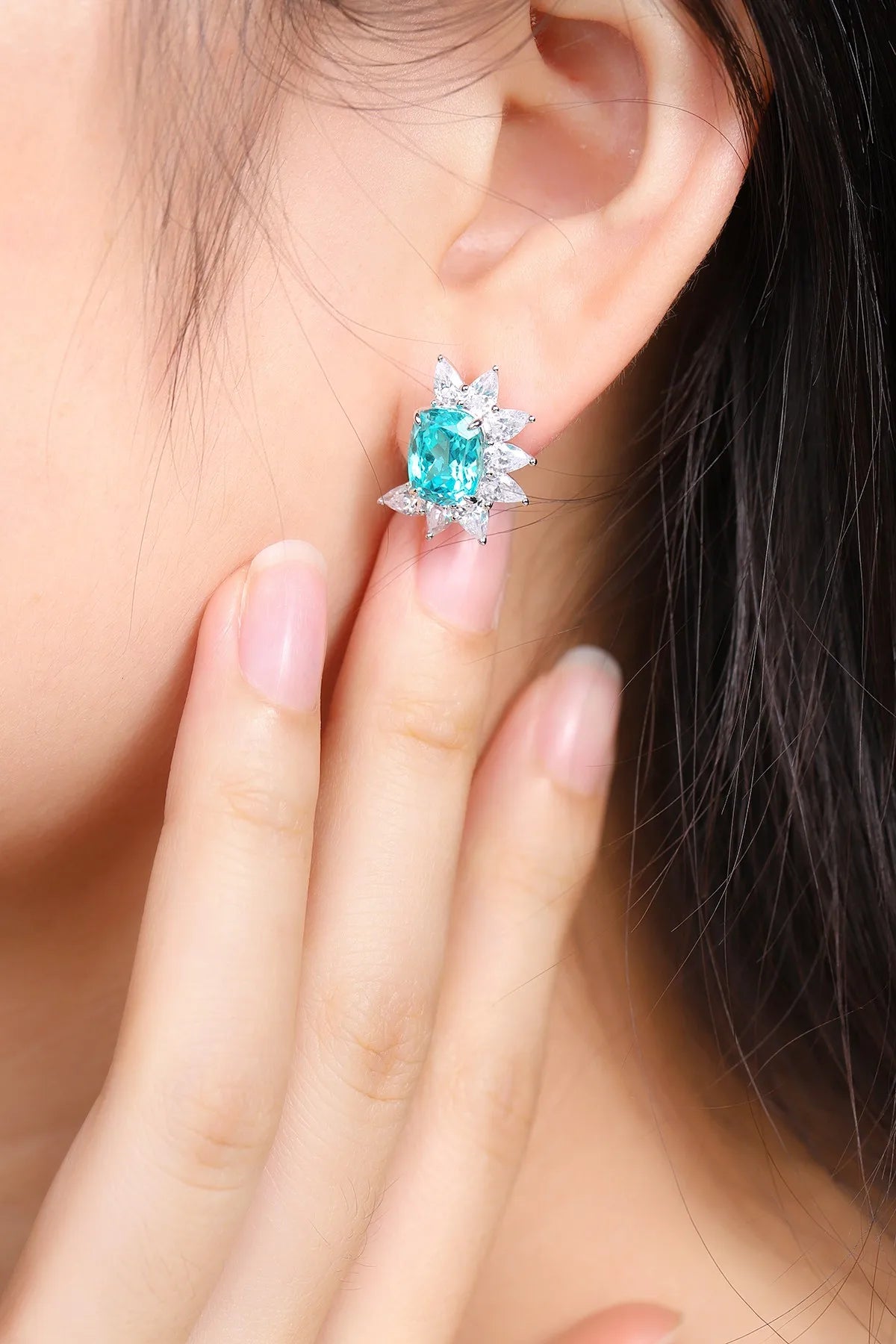 Gemfiori PT950 Lab-Grown Diamond Paraiba Geometric Trendy Drop Earrings for Wedding & Party