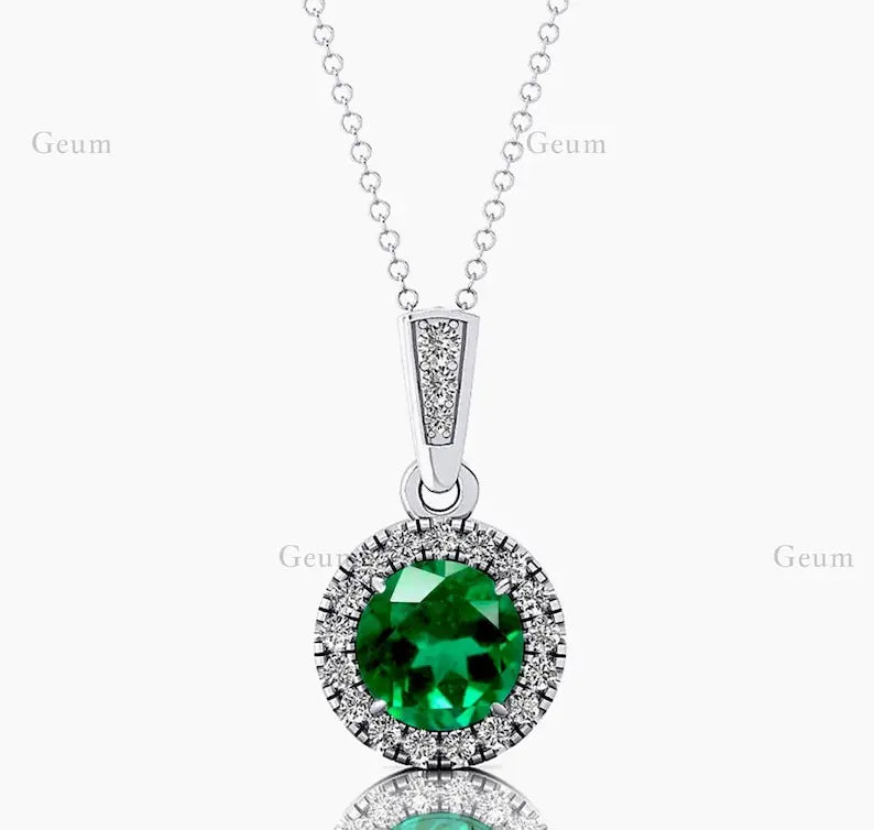 Halo Solitaire Charm Pendant Necklace Lab Grown Emerald Gemstone Genuine White Diamonds Cute Style Rhodium Plated Certified Gold