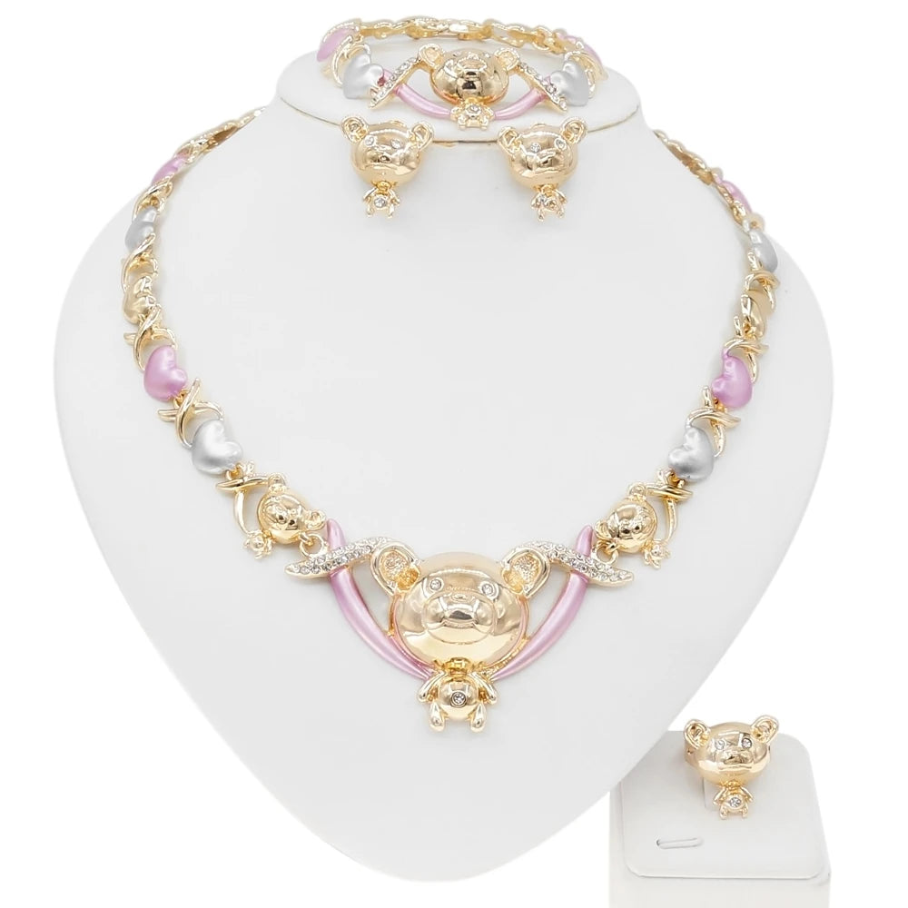 Zhuerrui Tricolor Gold Plated Diamond Teddy Bear Necklace Bracelet Ring Earrings Banquet Jewelry Set X0185
