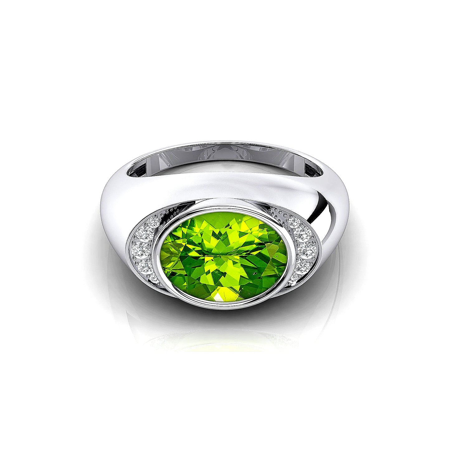 18k Solid Gold Signet Rings Natural Peridot Gemstone Bezel Setting Rhodium Plated Ring With Natural Diamonds Rings Gift For Wife