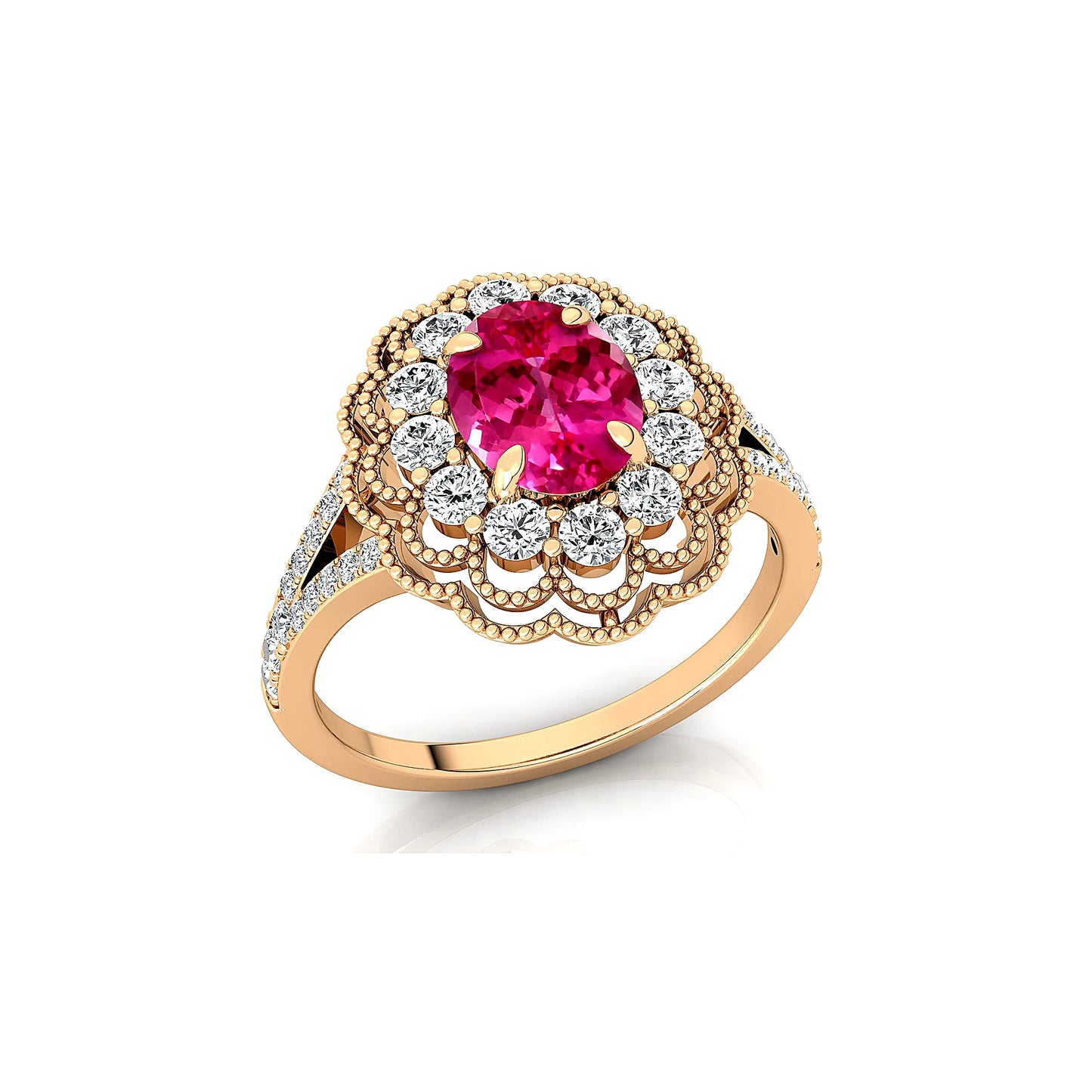 Lab Grown Pink Sapphire Halo Cluster Ring in 18k Solid Gold with Natural Diamonds Rhodium Plated Prong Set for Wedding