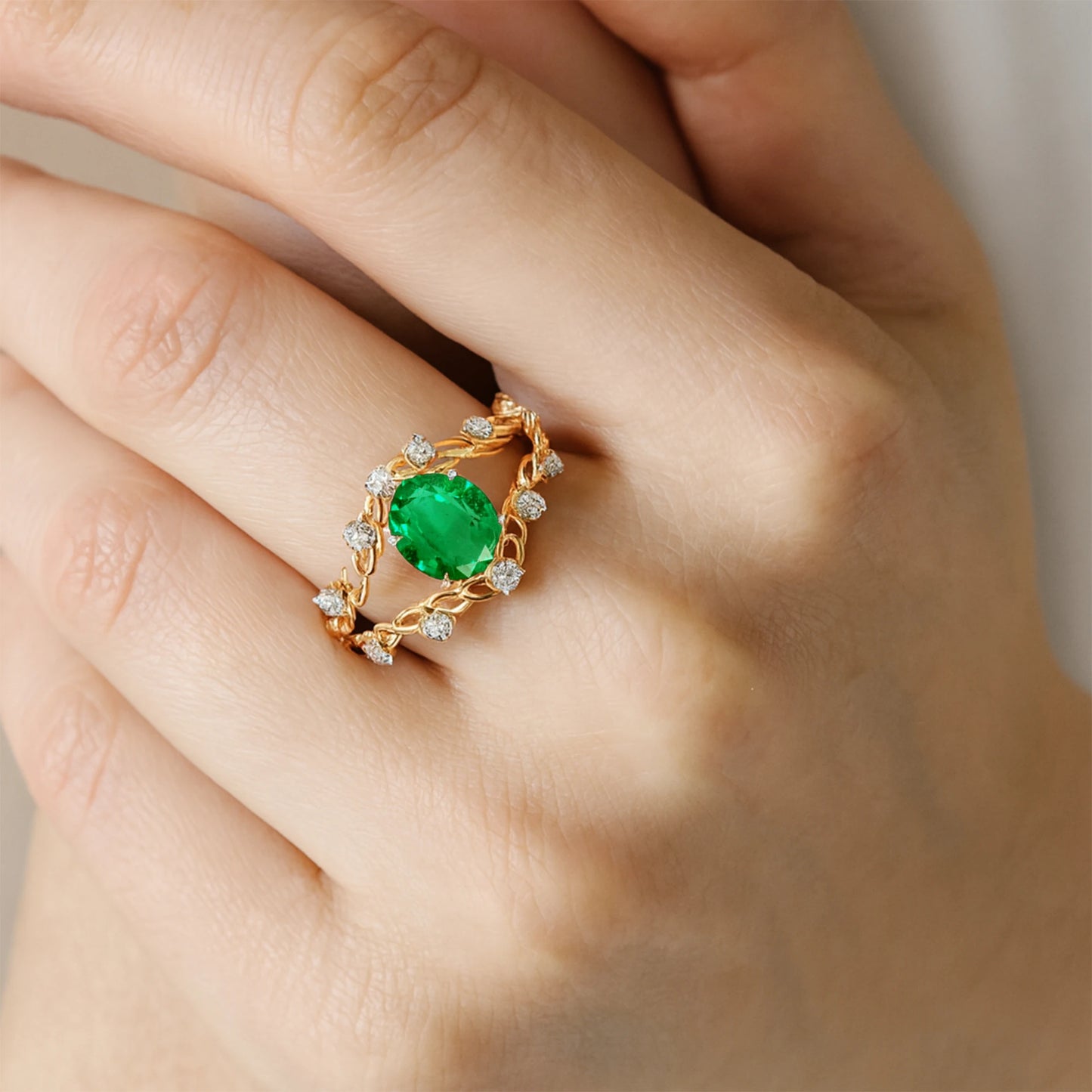 Lab Grown Oval Emerald Gemstone & Real Diamond Ring 14K Yellow Gold Classic Engagement Jewelry Birthday Gift Her Wholesale OEM