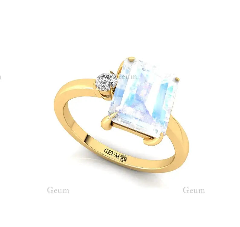 Classic Unisex Solid Gold Rainbow Moonstone & Diamond Pave Setting Certified Ring Engagement Wedding Party Gift Her OEM ODM