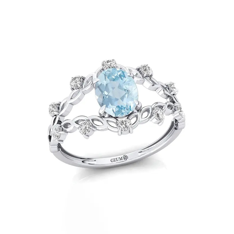 Oval Cut Natural Aquamarine Gemstone Diamond 18k Rose Gold Anniversary Wedding Party Rings for Women