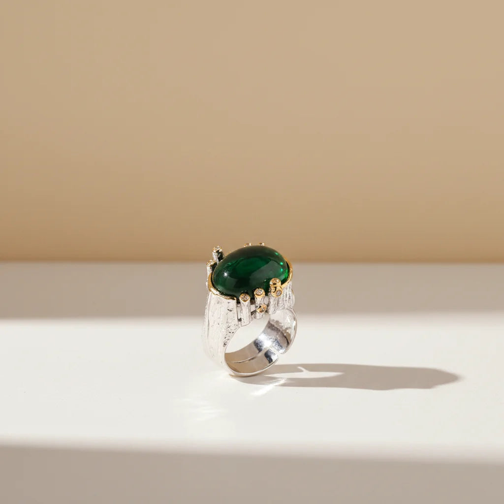 Handmade Retro Design 925 Sterling Silver Big Green Glass Ring