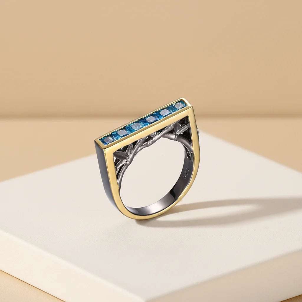 Handmade Blue Zircon Italian 925 Sterling Silver Jewelry Men Ring