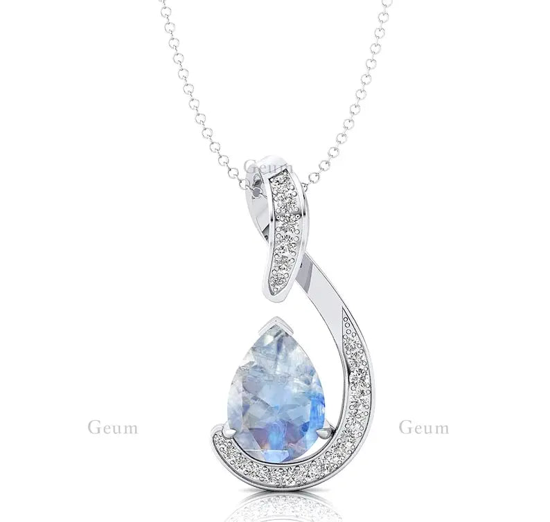 Pear Cut Natural Rainbow Moonstone Tear Drop Charm's Pendant Necklaces With Diamonds Anniversary Gift For Her 18k Solid Pendant
