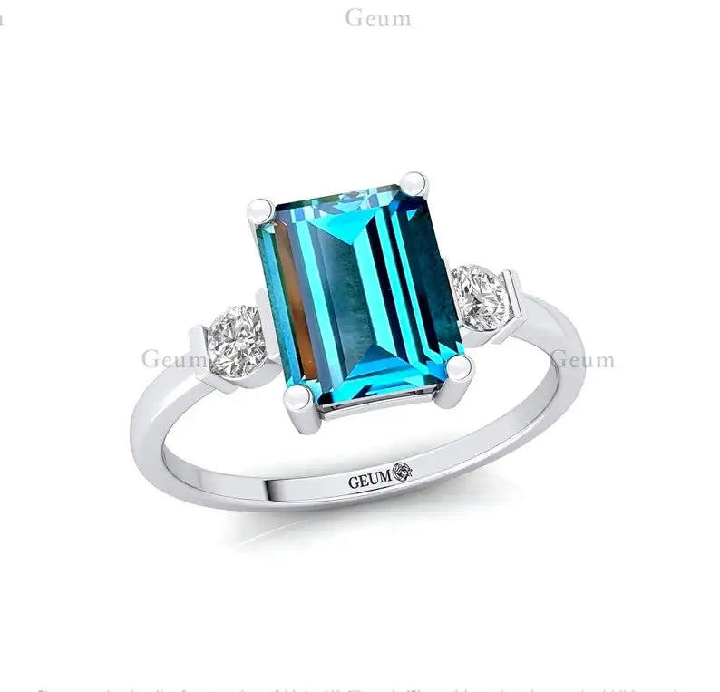 Best Selling Emerald Cut Natural London Blue Topaz Gemstone Real Diamond Classic Halo Solitaire Wedding Ring 18k Solid Gold