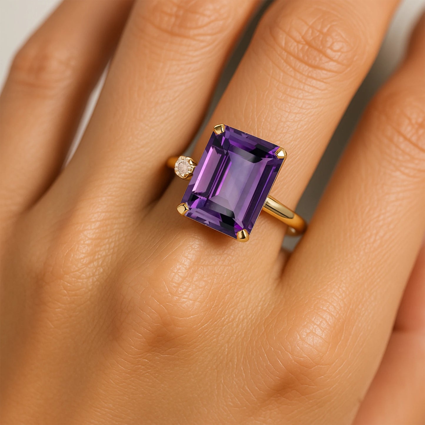 Natural Purple Amethyst Gemstone 14K Real Solid Gold Solitaire Ring for Women Unique Design with IGI Certified Diamond Jewelry
