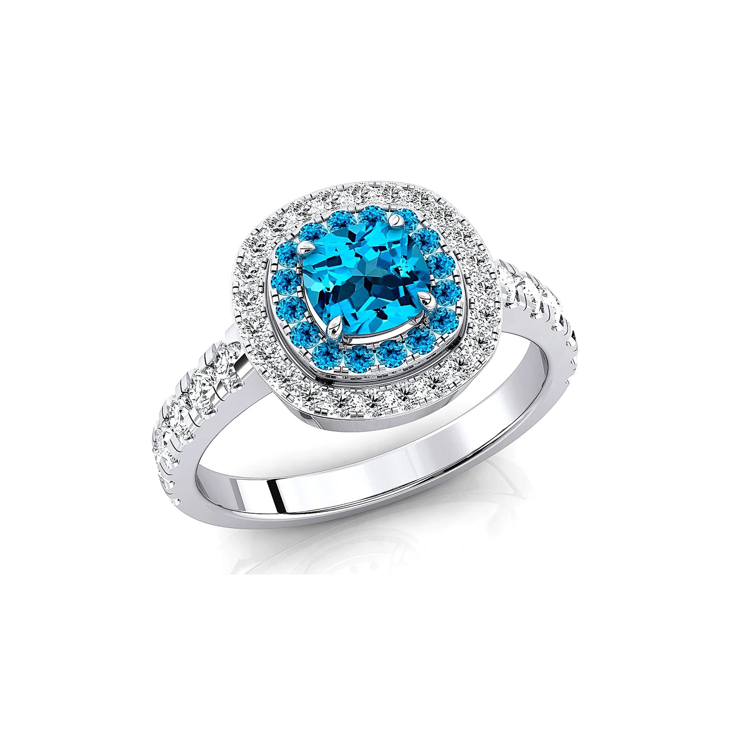 14k Solid Gold Rings Cushion Cut Natural Swiss Blue Topaz Gemstone Real Diamonds Rhodium Plated Classic Luxurious Halo Ring