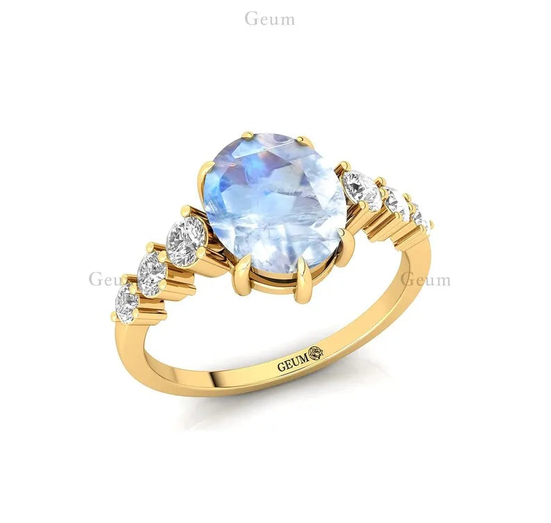Exquisite Oval Cut Natural Rainbow Moonstone Gemstone Bridal Wedding Party Cluster Rings 14k Solid Gold Genuine Diamond Classic