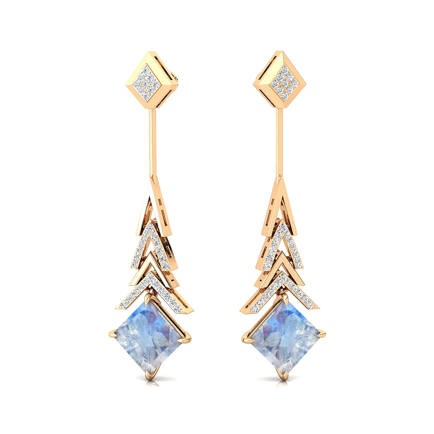 14k Solid Gold Earrings Rainbow Moonstone Gemstone Dangle Drop Earrings Solid Gold Rhodium Plated Luxury Real Diamonds Jewelry
