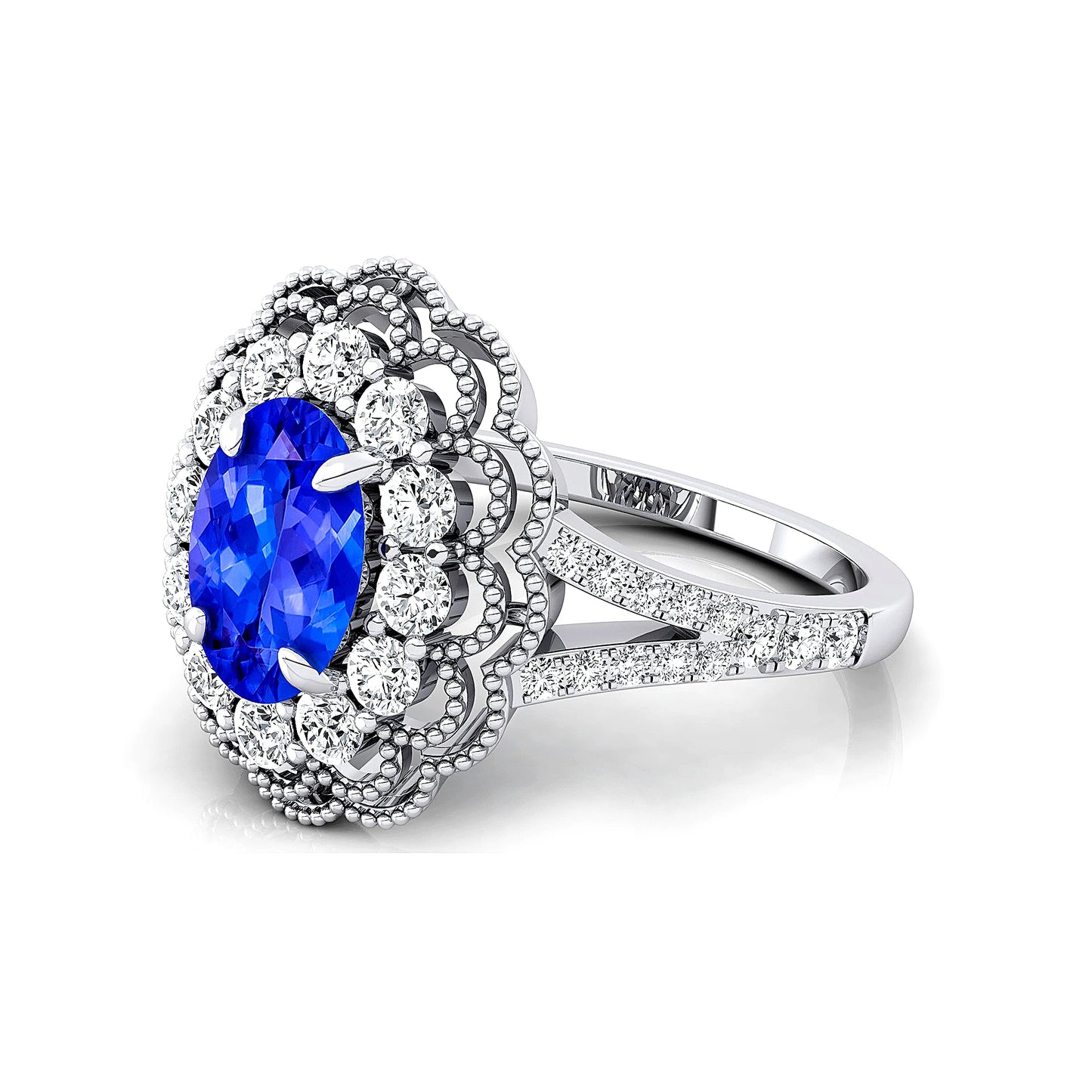 Natural Birthstone Tanzanite Gemstone Flawless Cut Cluster Rings 18k Solid Gold Studded Real White Diamond Halo Solitaire Ring