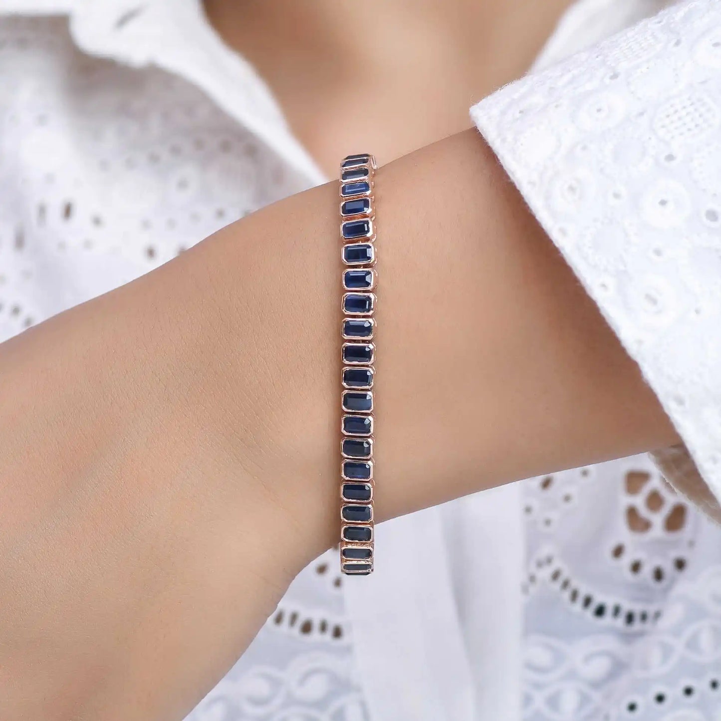 14k Pure Gold Emerald-Cut Natural Blue Sapphire Gemstone Tennis Bracelets-Luxury Minimalist Birthstone Fine Jewelry Gift Party