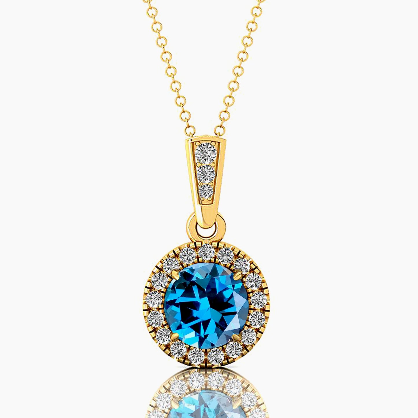 Exquisite Halo Style Natural London Blue Topaz Gemstone & Genuine Diamonds 14k White Gold Charm Pendant Necklace For Mother Gift
