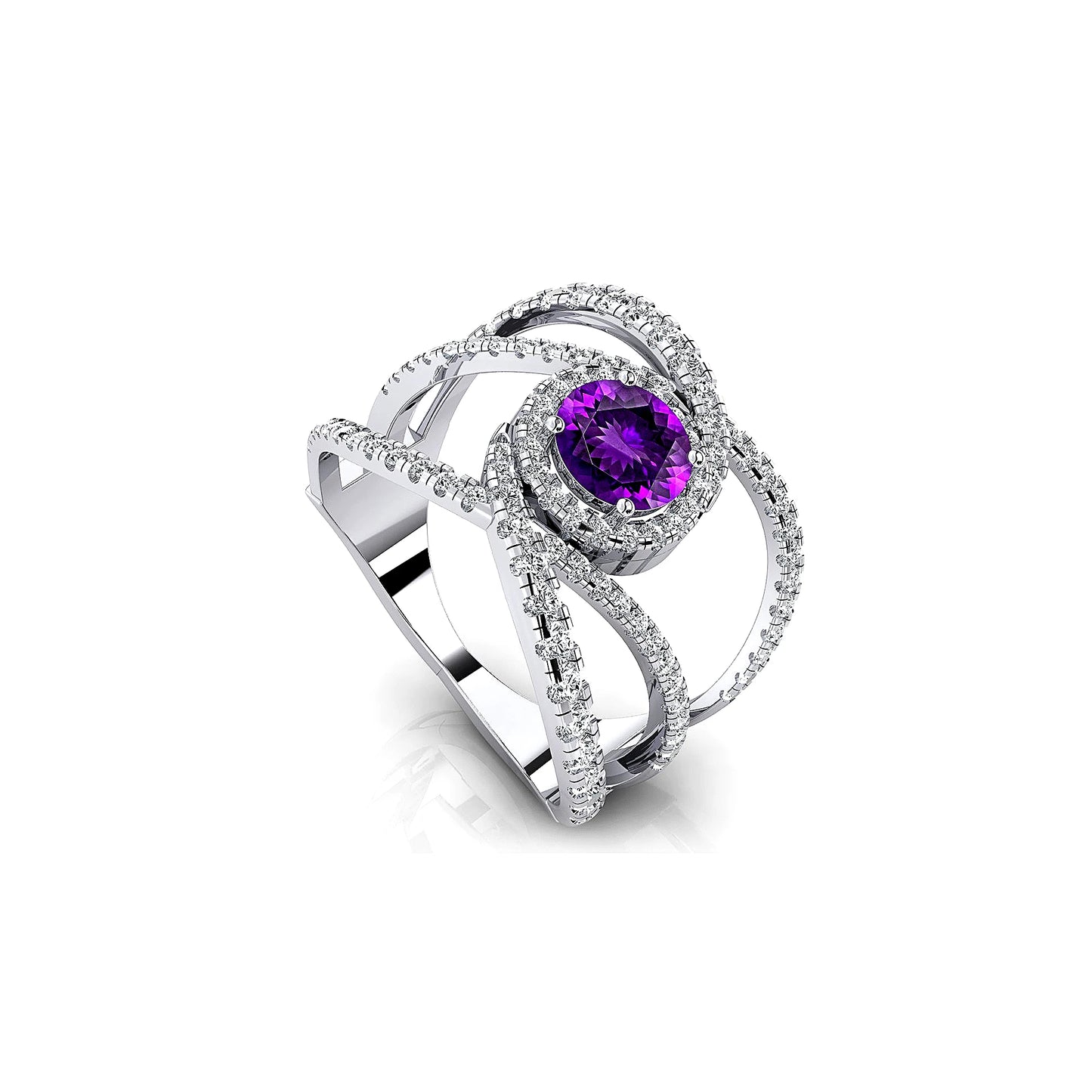 18k Solid Gold VS Wedding Party Statement Cocktail Ring Natural Amethyst Gemstone Real Diamonds Rhodium Plated Prong Setting ODM