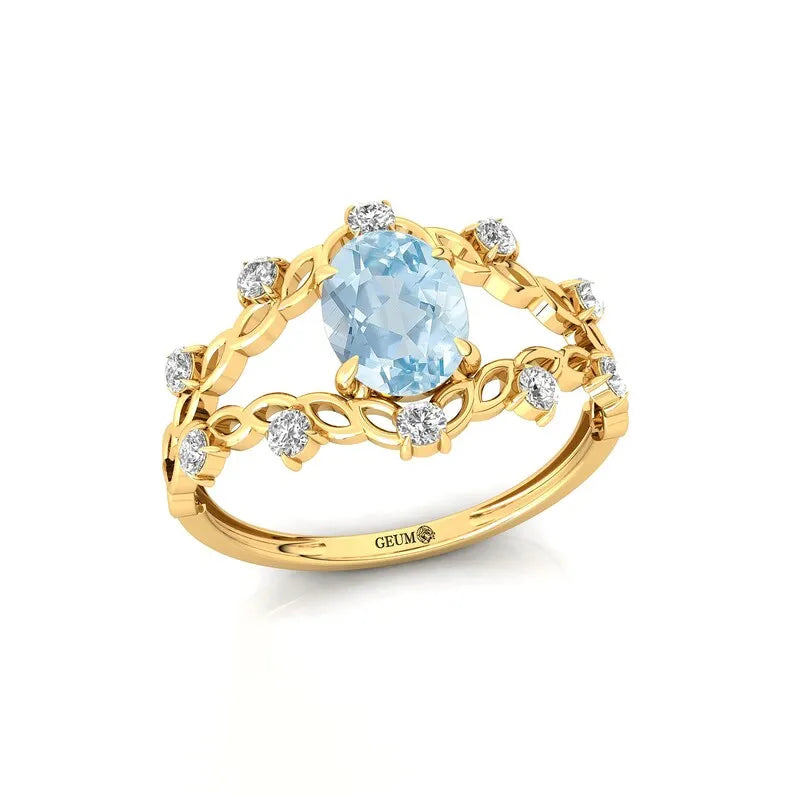 Oval Cut Natural Aquamarine Gemstone Diamond 18k Rose Gold Anniversary Wedding Party Rings for Women