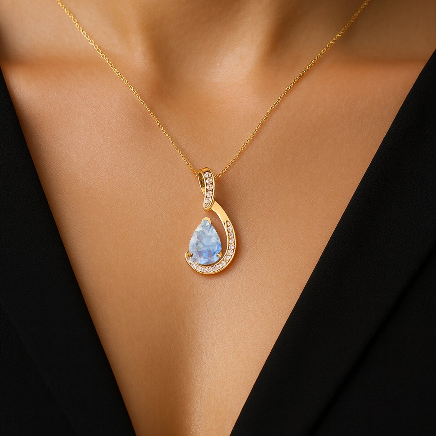 Pear Cut Natural Rainbow Moonstone Tear Drop Charm's Pendant Necklaces With Diamonds Anniversary Gift For Her 18k Solid Pendant