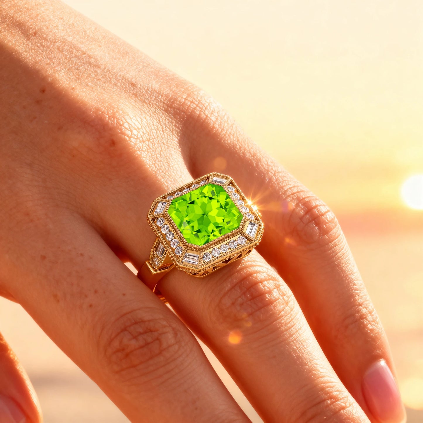 Natural Peridot Gemstone Halo Solitaire Rings 18k Solid Gold Natural White Diamonds Rhodium Plated Halo Solitaire Ring For Her
