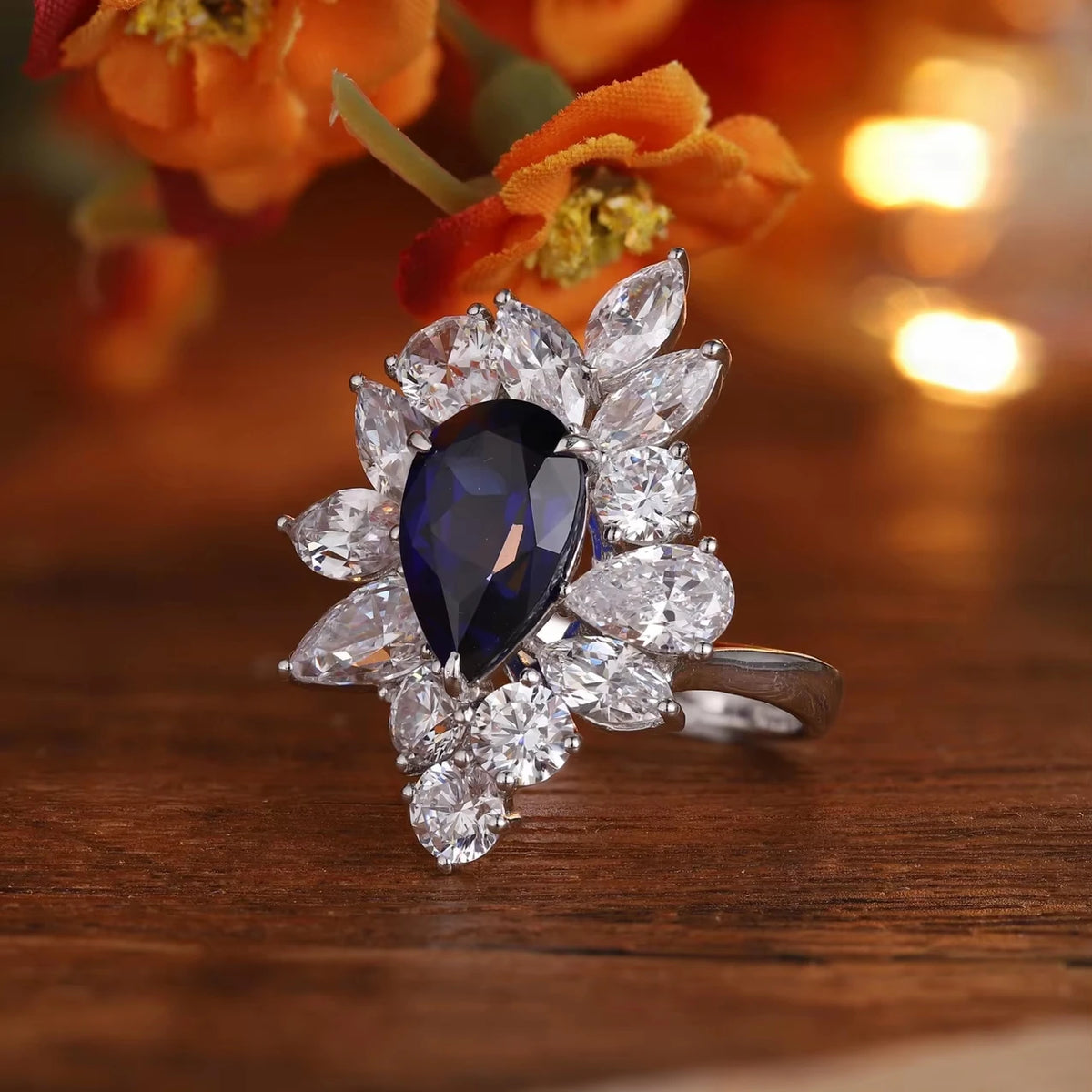 Gemfiori Anster Pear Cut Lab Made Diamonds and Ring S925 Sterling Silver Lab Created Blue Sapphire Women Ring