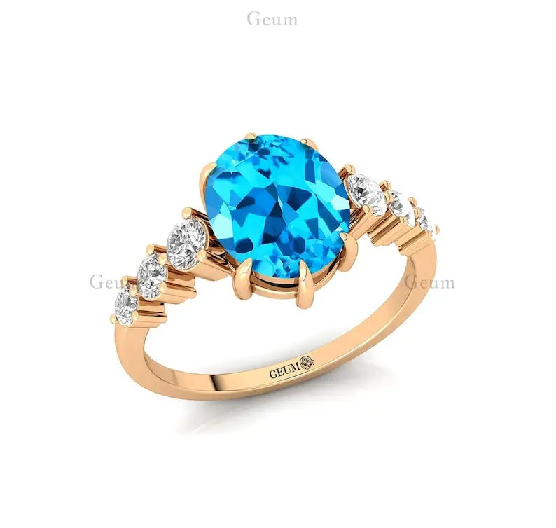 Charming 18K Pure Gold Wedding Engagement Rings Swiss Blue Topaz Gemstone Real Diamonds Classic Bridal Jewelry for Party