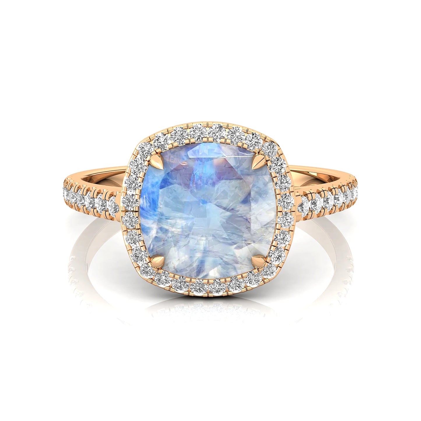 14k Solid Gold Natural Rainbow Moonstone June Birthstone Cushion Shape Prong Set Third Party Certified Handmade Wedding Ring