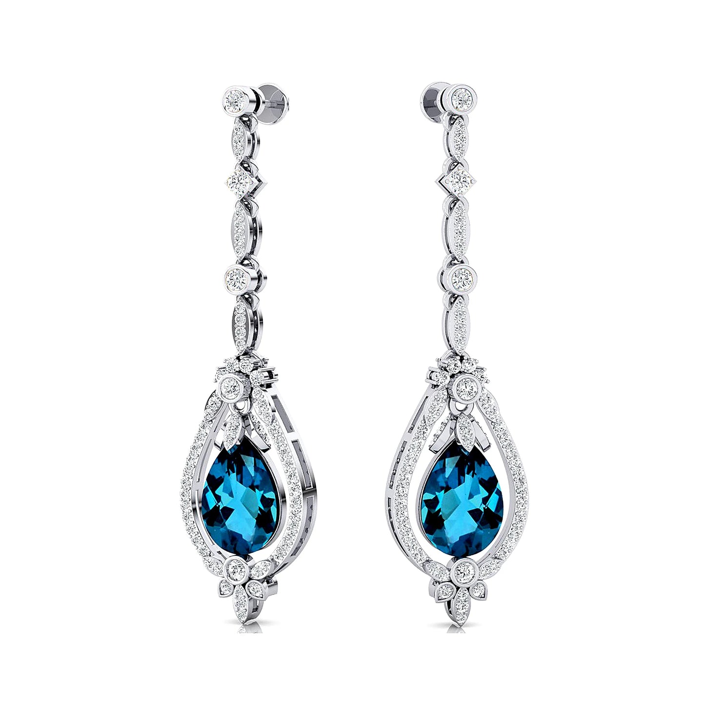 Pear Cut Natural London Blue Topaz Gemstone Real Diamond 18K Solid Gold Dangle Drop Halo Earrings Wedding Party Gift for Women