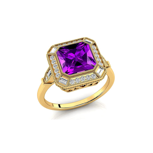 18K Solid Gold Rhodium Plated Natural Amethyst & Real Diamonds Classic Solitaire Engagement Ring Fine Bridal Jewelry