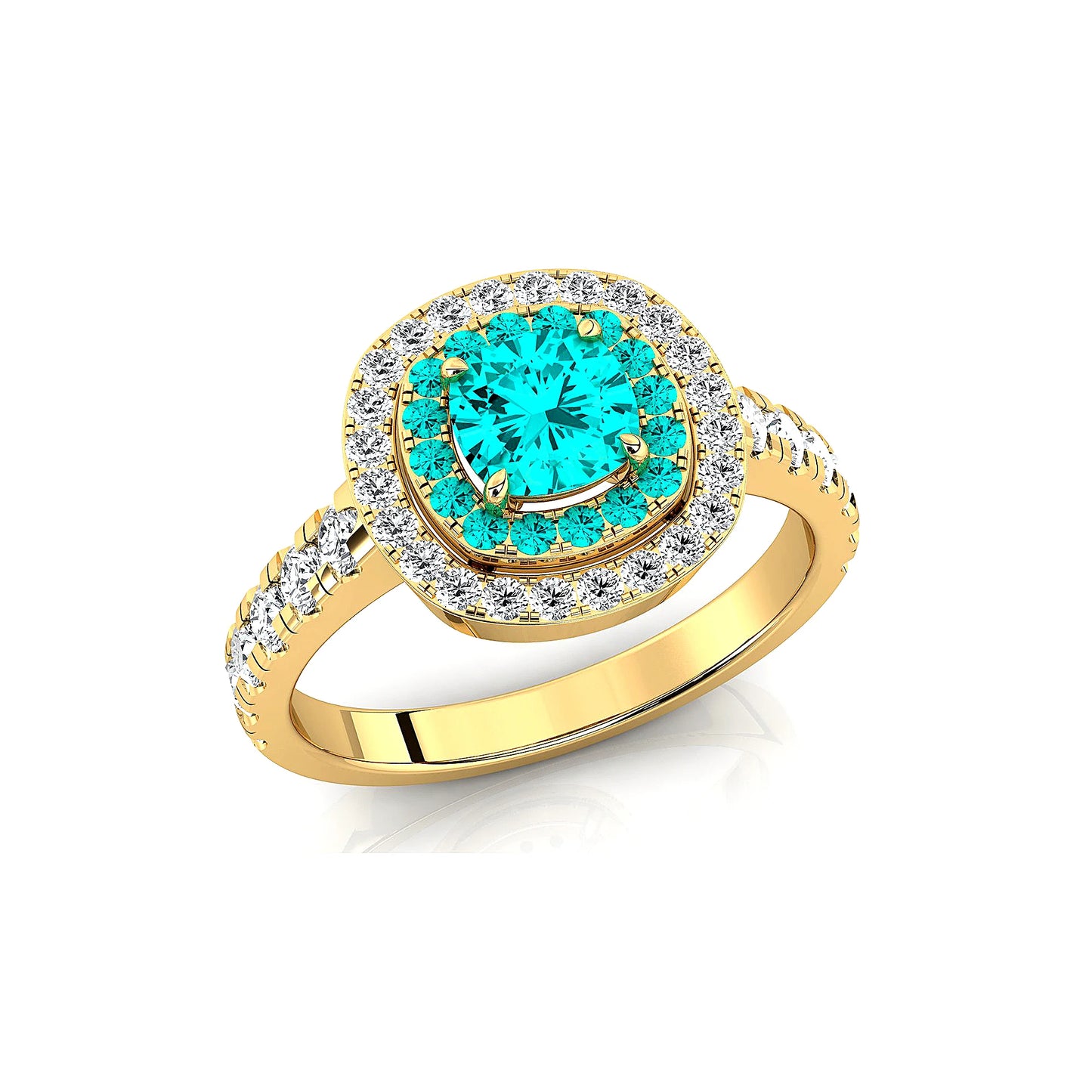 18kt Solid Gold Lab Grown Paraiba Tourmaline Real Diamond Classic Wedding Double Halo Ring Rhodium Plated Fine Jewelry For Gift