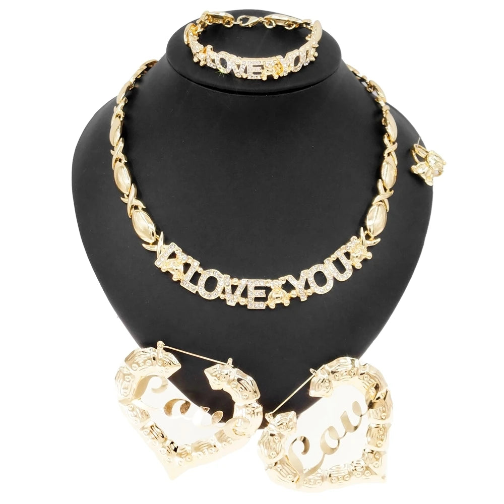 Zhuerrui Factory Direct I Love You Shiny Necklace Jewellery Set American Wedding Women Party Beautiful Gold Plated Sets X0142