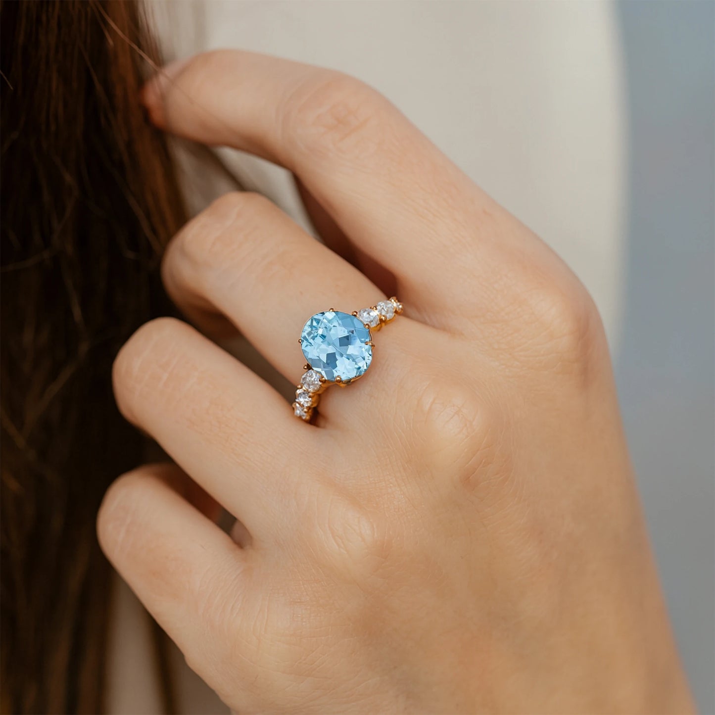 Natural March Birthstone Aquamarine Gemstone Ring in 14k Solid Gold With IGI Certified Real Diamond Handmade Halo Solitaire Ring