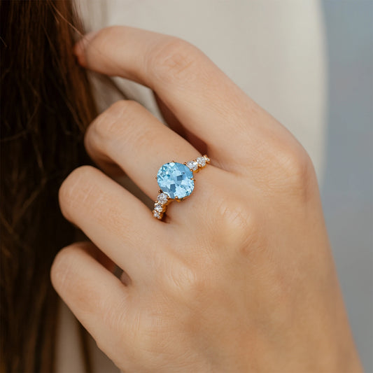 Natural March Birthstone Aquamarine Gemstone Ring in 14k Solid Gold With IGI Certified Real Diamond Handmade Halo Solitaire Ring