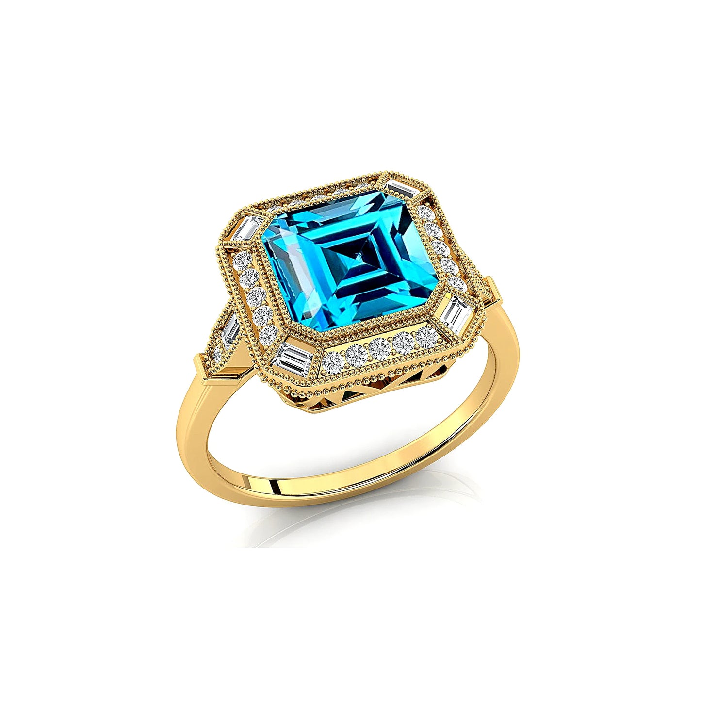 Antique Design Natural London Blue Topaz Gemstone Ring Solid 18k Pure Gold Handmade Solitaire Halo Rings For Engagement Gift