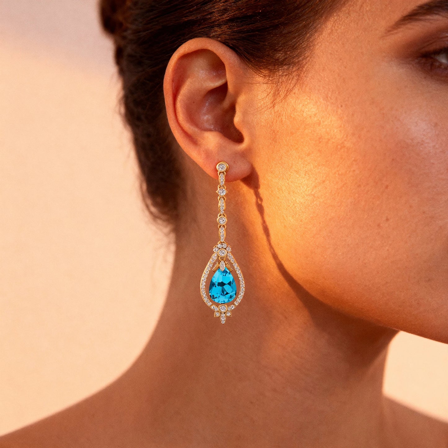 18k Solid Gold Earrings Natural Swiss Blue Topaz Real Diamonds Tear Drop Shape Dangle Halo Earrings Wedding Party Gift For Her