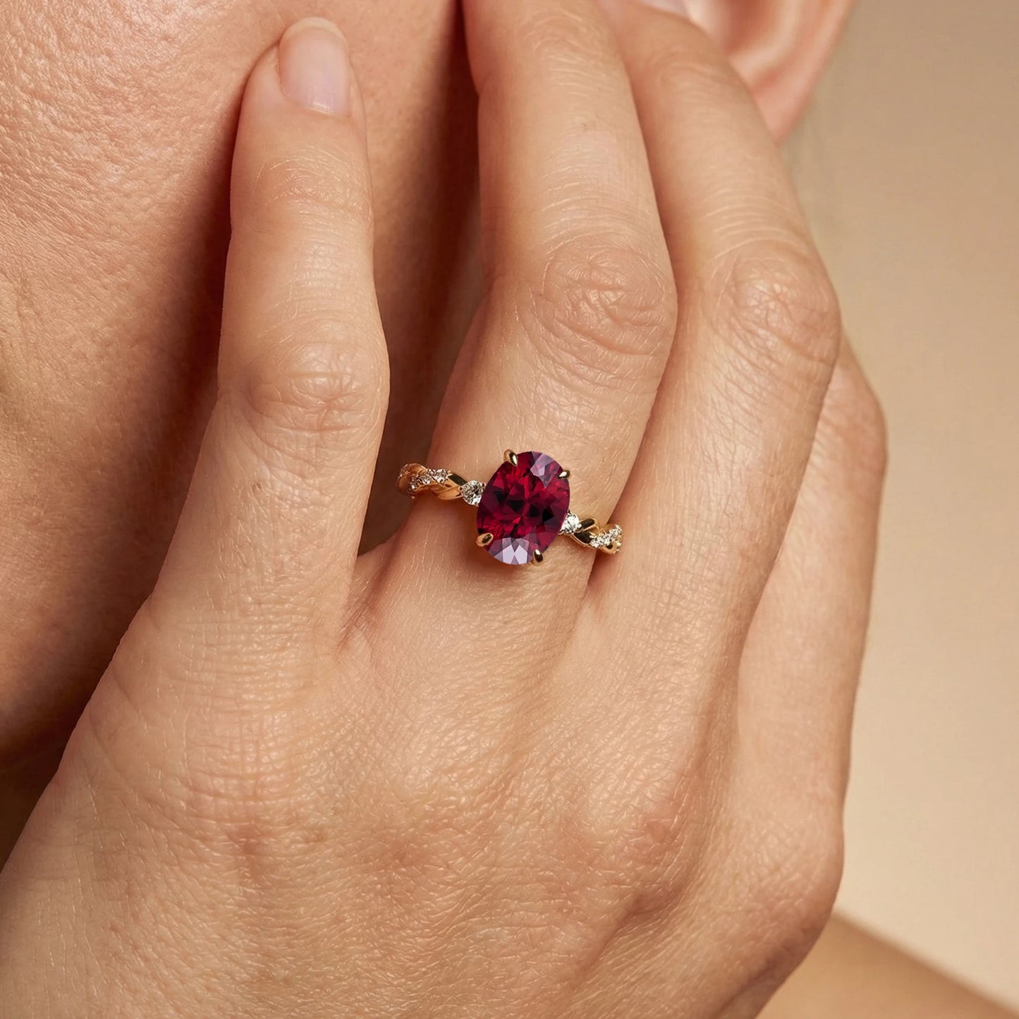 18k Solid Gold Halo Solitaire Rings Natural Garnet Gemstone Real White Diamond Fine Engagement Wedding Ring Rhodium