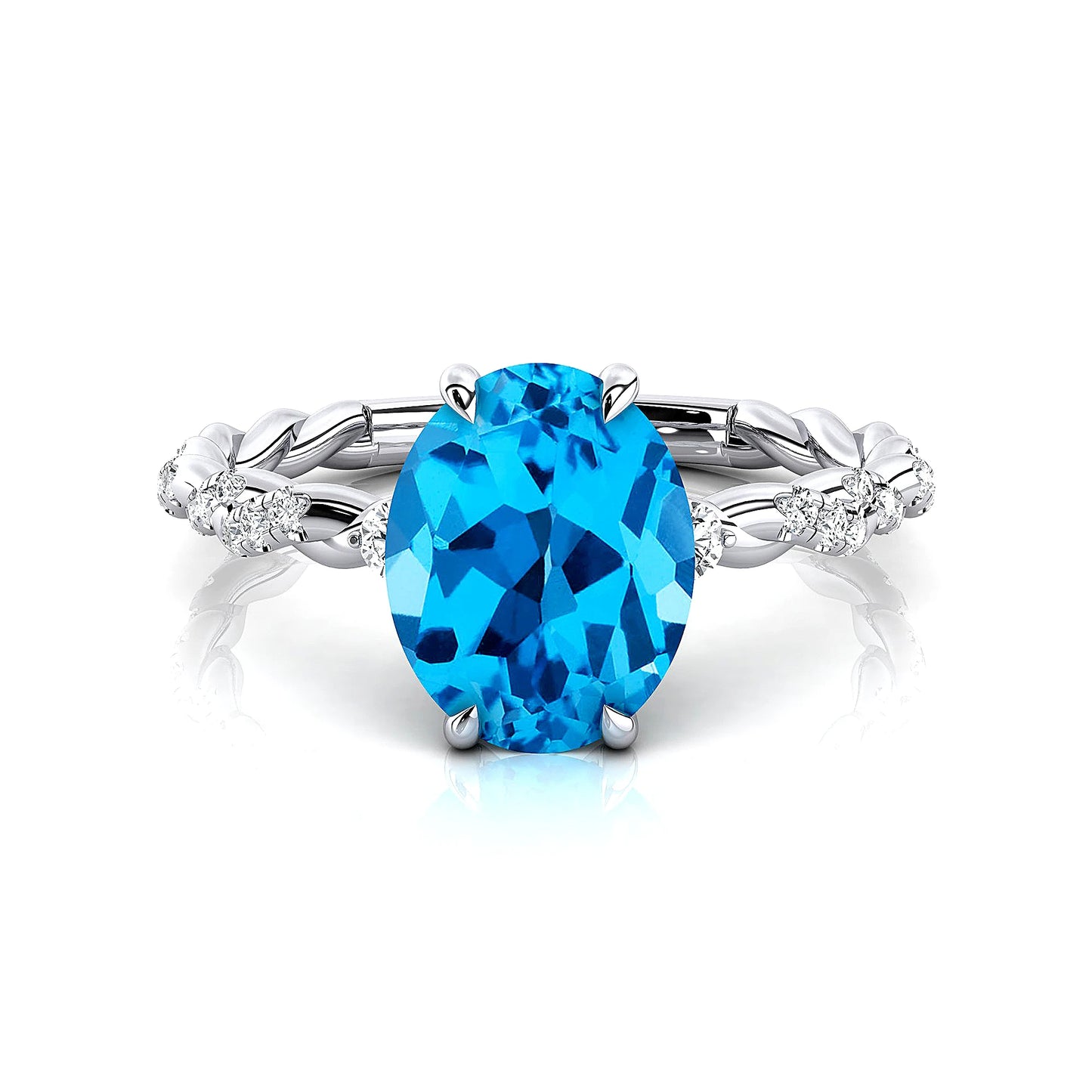 14k Solid Gold Rhodium Plated Wedding Anniversary Rings Natural Swiss Blue Topaz Gemstone Real Diamonds Party Gift Ring For Her