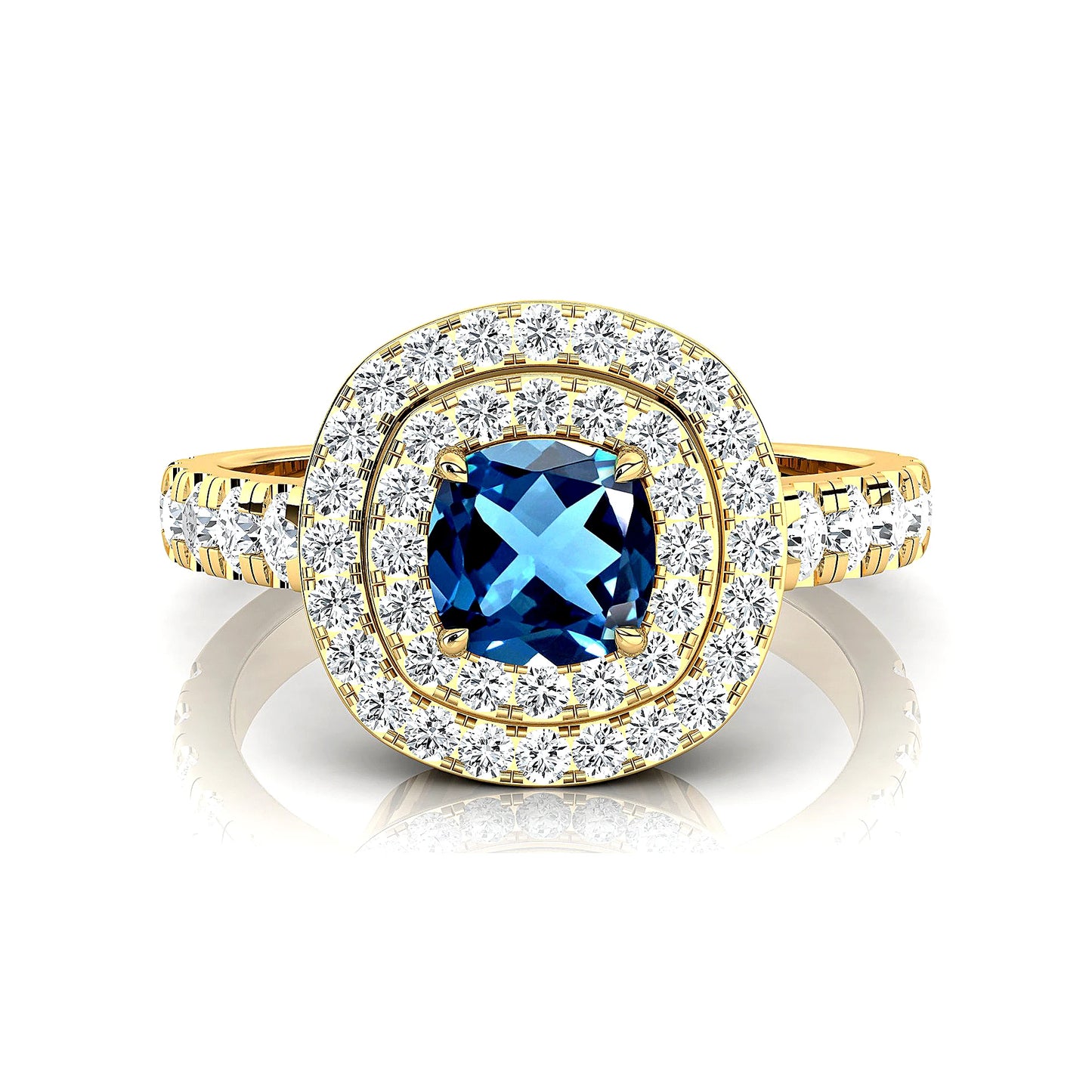 14k Solid Gold Rings Natural London Blue Topaz Real Diamonds Classic Wedding Halo Ring Rhodium Plated Women Jewelry Gift For Her