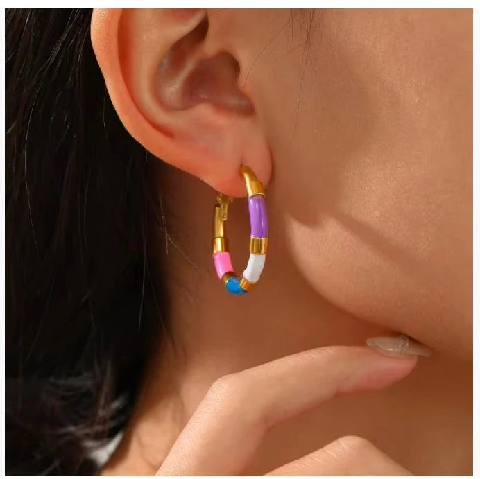 Colorful Oil-Dripping Stainless Steel Hoop Earrings Unique Simple Geometric Round Design 18K Gold-Plated for Ladies