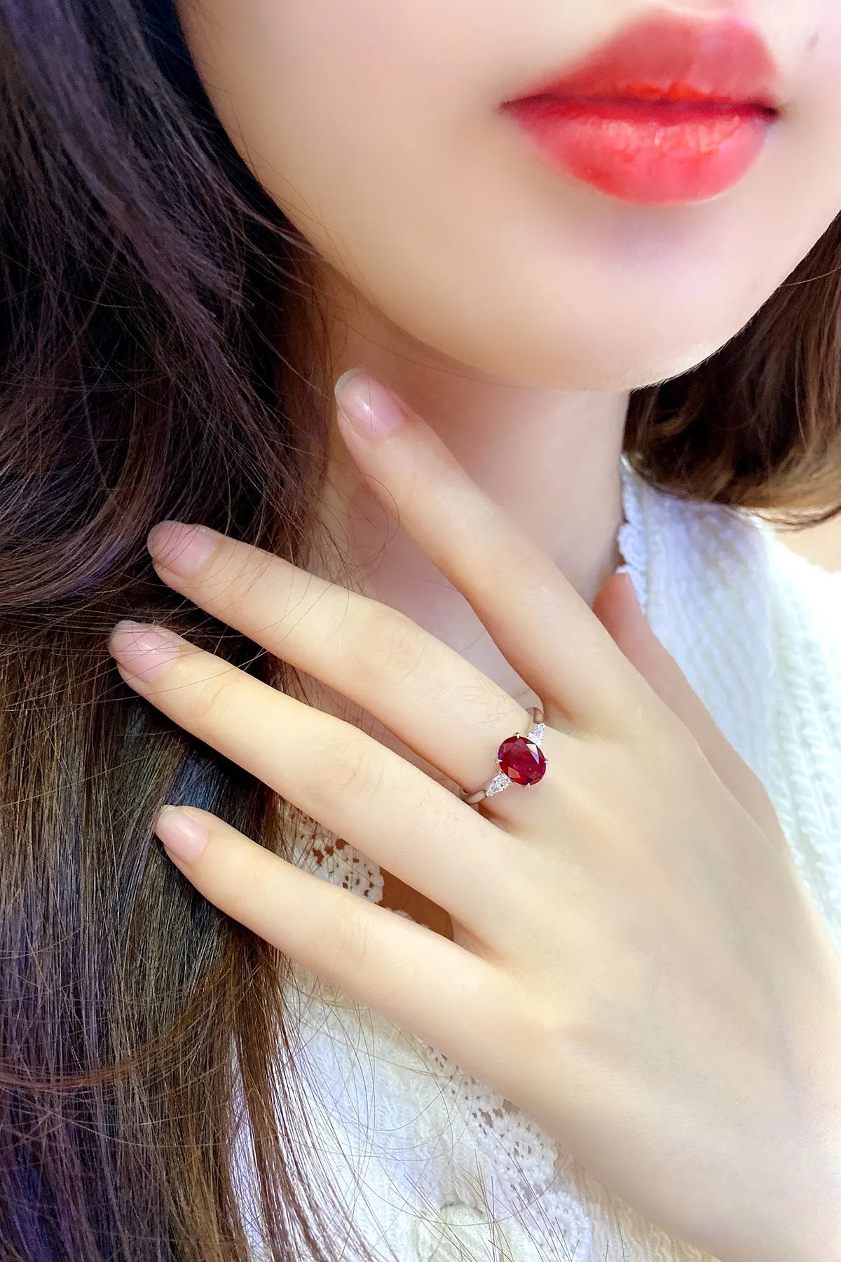 Gemfiori Anster Lab Made Diamonds and Ring S925 Sterling Silver Lab Created Oval Cut Ruby Women Ring