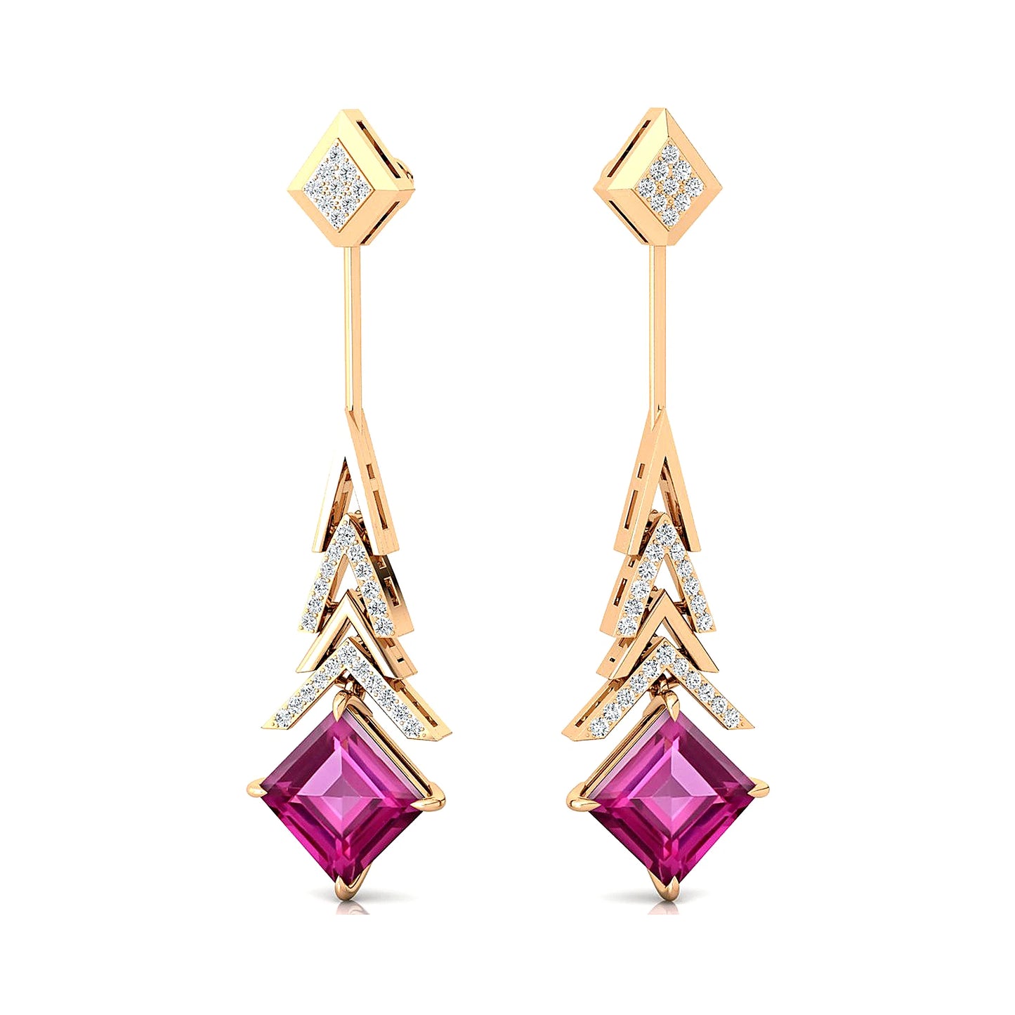 Handmade Solid Gold Cute Rhodium Plated Drop Earrings Lab Grown Pink Sapphire Gemstone Diamonds Wedding Party Gift Jewelry Women