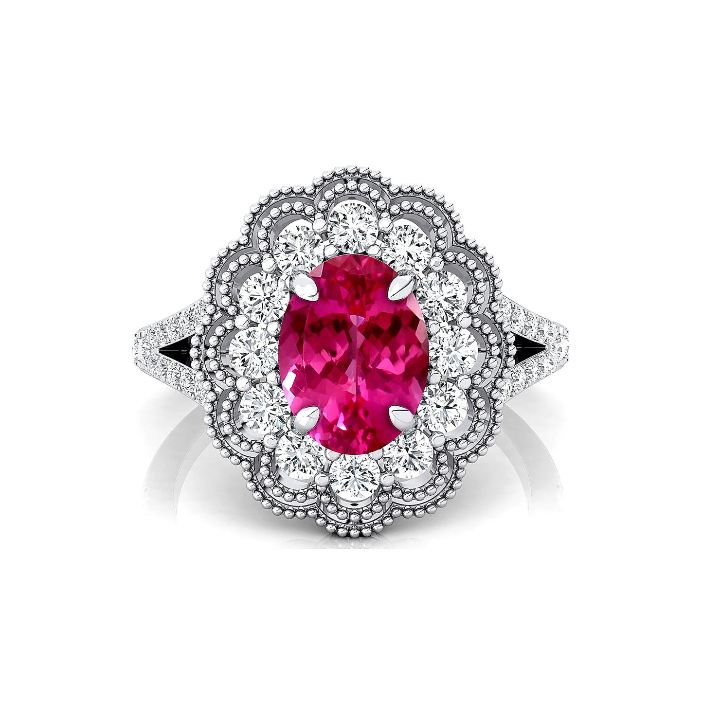Lab Grown Pink Sapphire Halo Cluster Ring in 18k Solid Gold with Natural Diamonds Rhodium Plated Prong Set for Wedding