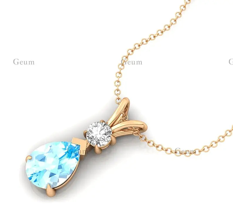 14K White/Yellow/Rose Gold Prong Set Diamond & Pear Cut Natural Aquamarine Teardrop Pendant Necklace Solitaire Charm Pendant ODM