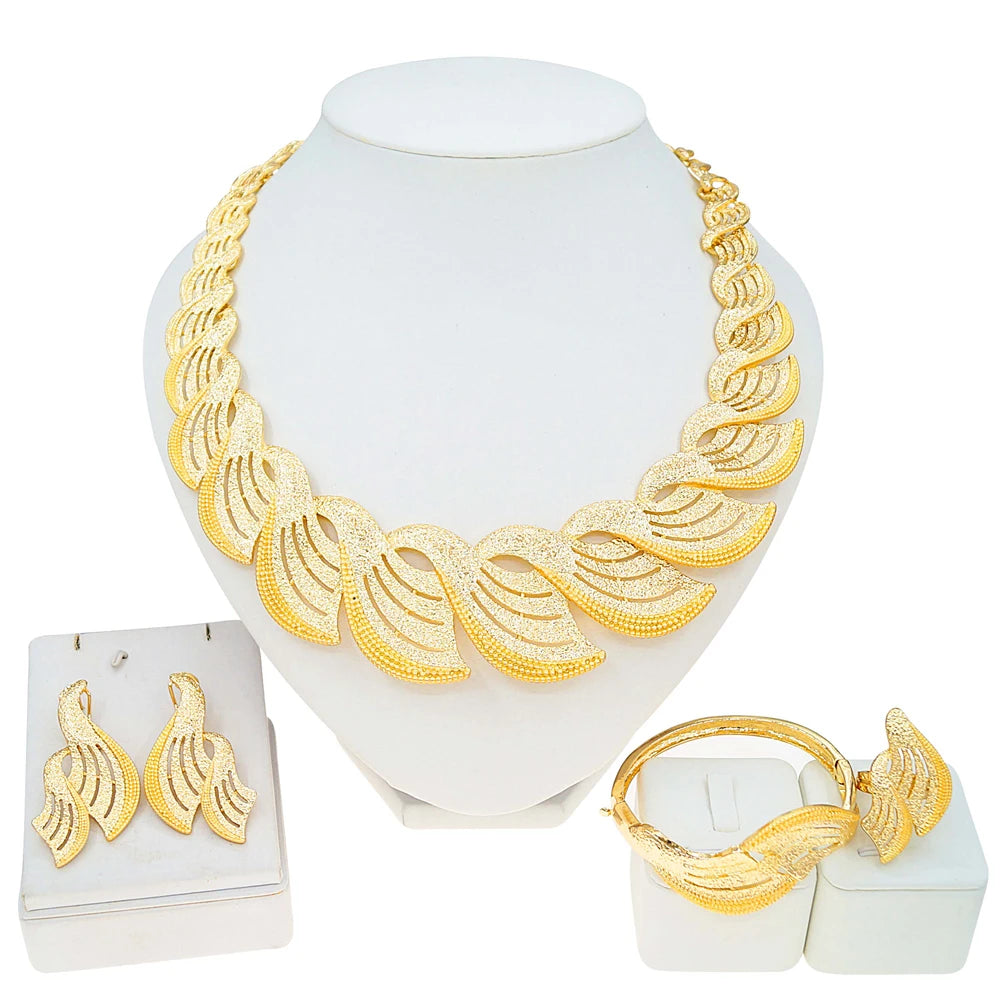 Zhuerrui Italian Gold Plated Jewelry Set Hollow Fan Streamline Necklace Earrings Bracelet Ring Women Ceremony Accessory I0003820