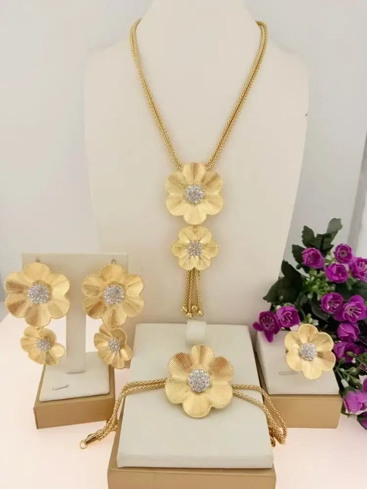 Zhuerrui Gold Plated Brushed Flower Tassel Jewelry Set 4PCS Dubai African Bridal Wedding Necklace Earrings Bracelet Ring I0167