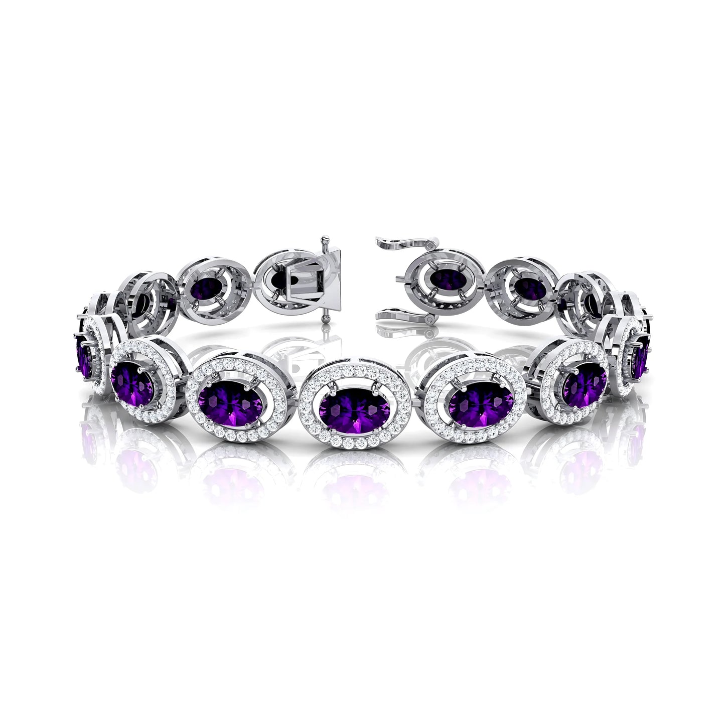 14K Gold Luxury Amethyst & Diamond Women's Tennis Bracelet Trendy Purple Oval Cut Amethyst Prong Set Tennis Link Chain Bracelets