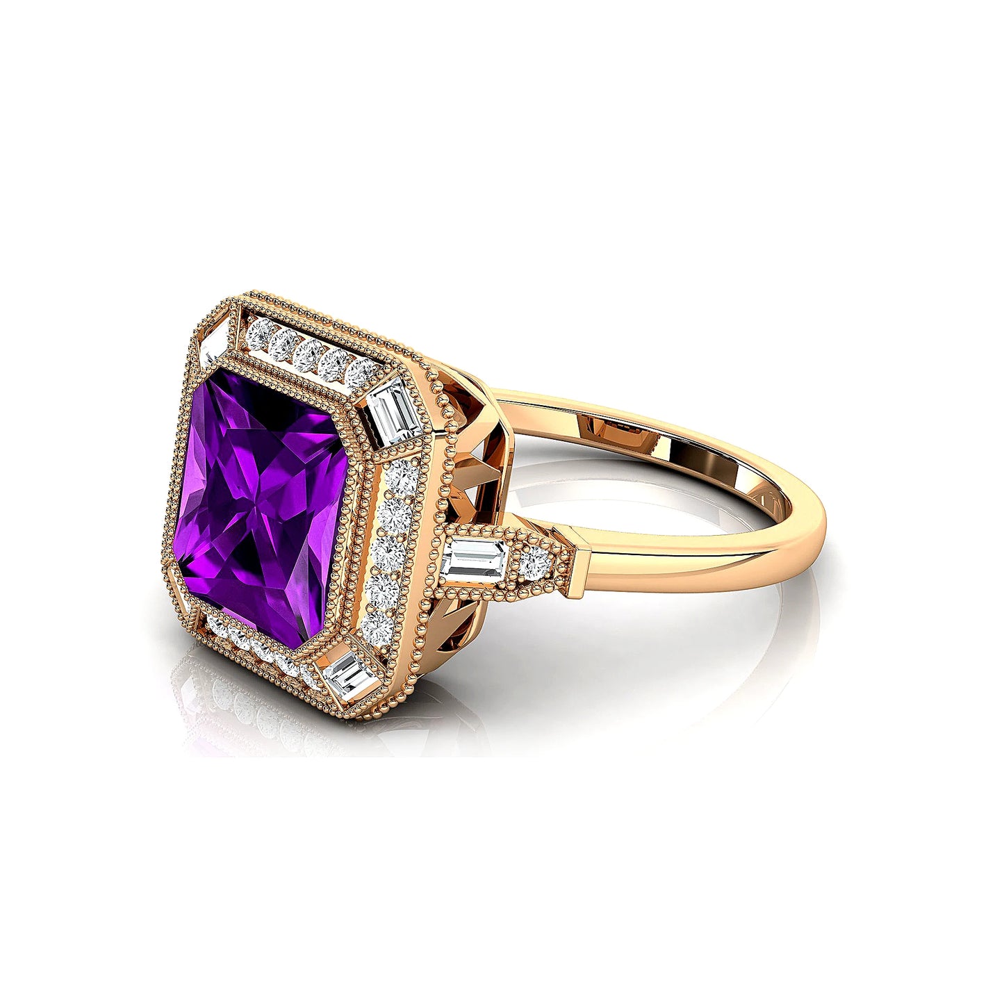 18K Solid Gold Rhodium Plated Natural Amethyst & Real Diamonds Classic Solitaire Engagement Ring Fine Bridal Jewelry