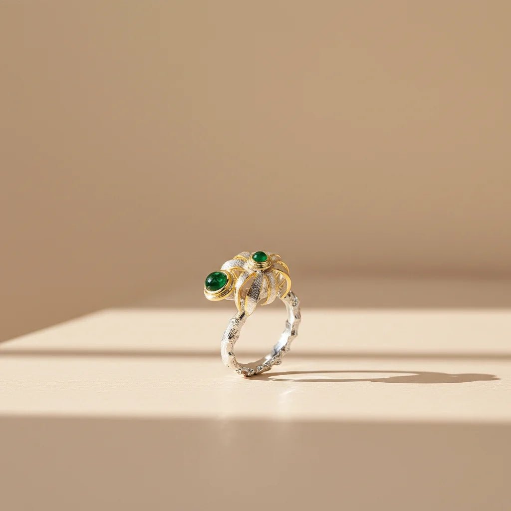 925 Sterling Silver Round Flower Italy Design Ring with Green Glass for Women